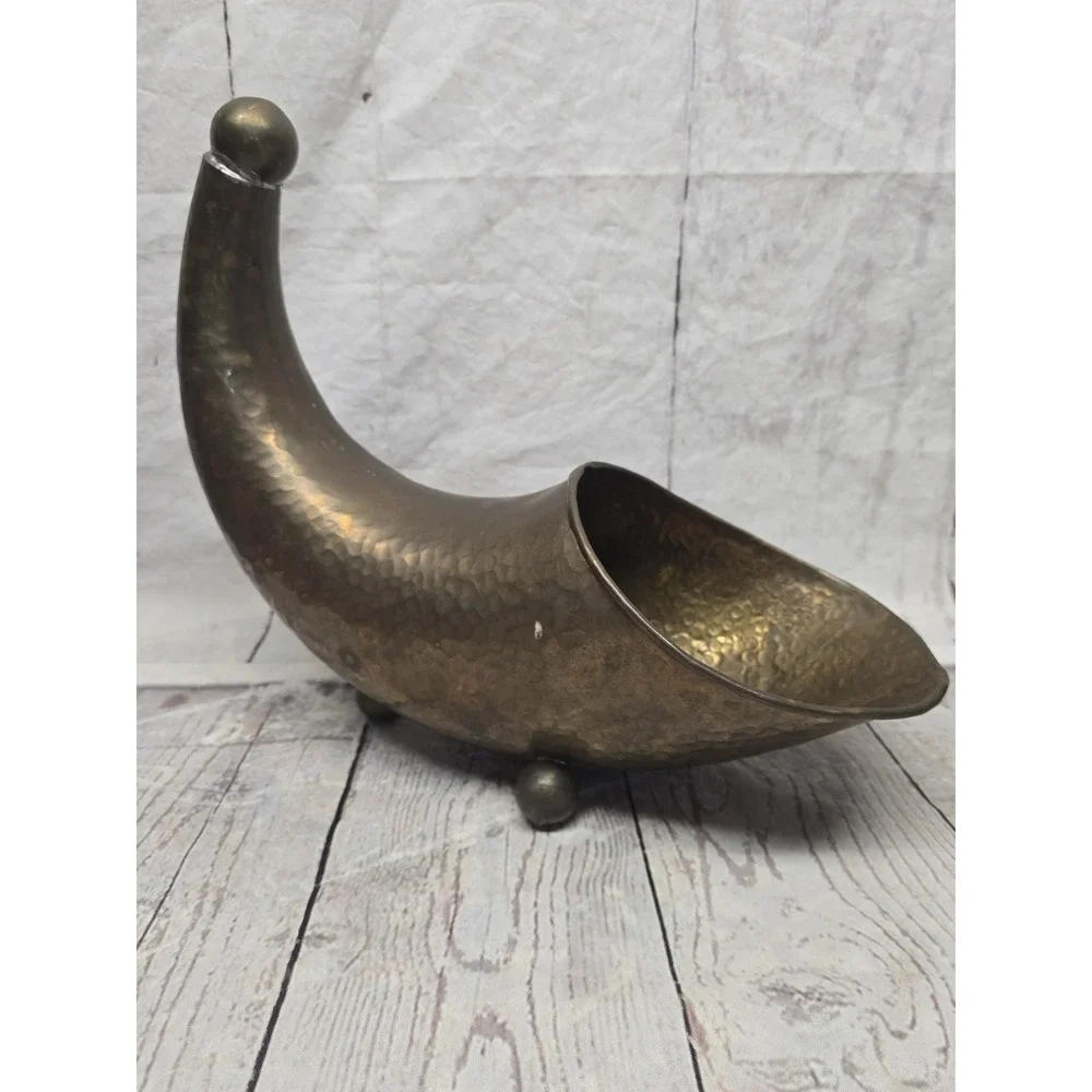 MCM Vintage Solid Brass Horn Of Plenty Vessel/Vase Ball Feet Cornucopia